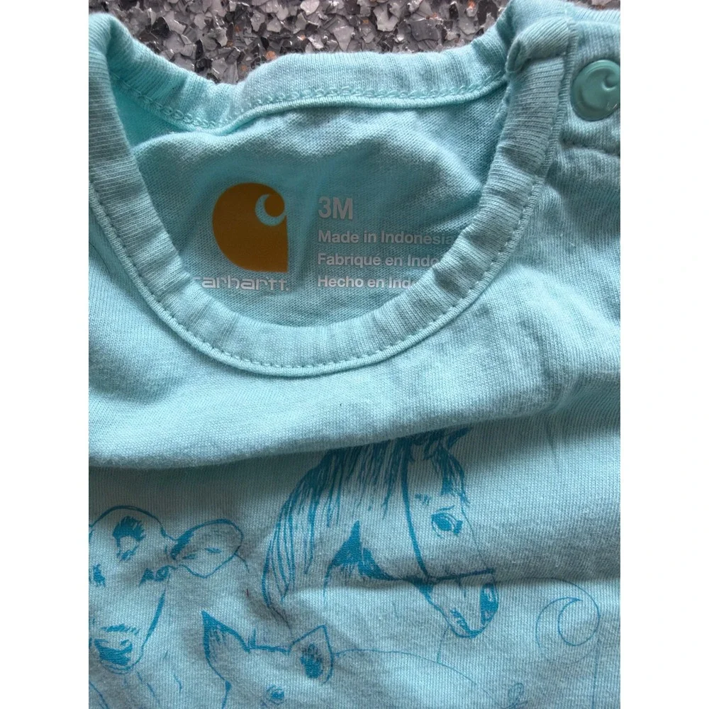 Carhartt Baby Girls Aqua Blue Farm Animal Graphic Snap Bodysuit 3M Cotton
